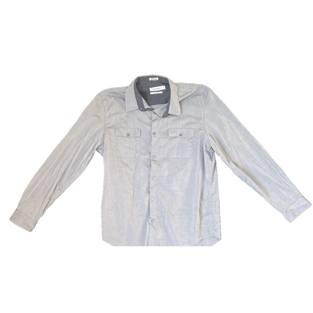Calvin Klein Size L Men's Liquid Cotton Gray Long‎ Sleeve Button Shirt Pockets